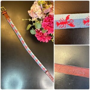 Tucker Blair Men's Lobster Crawfish Needlepoint Blue Leather Belt Sz 32 USA Made